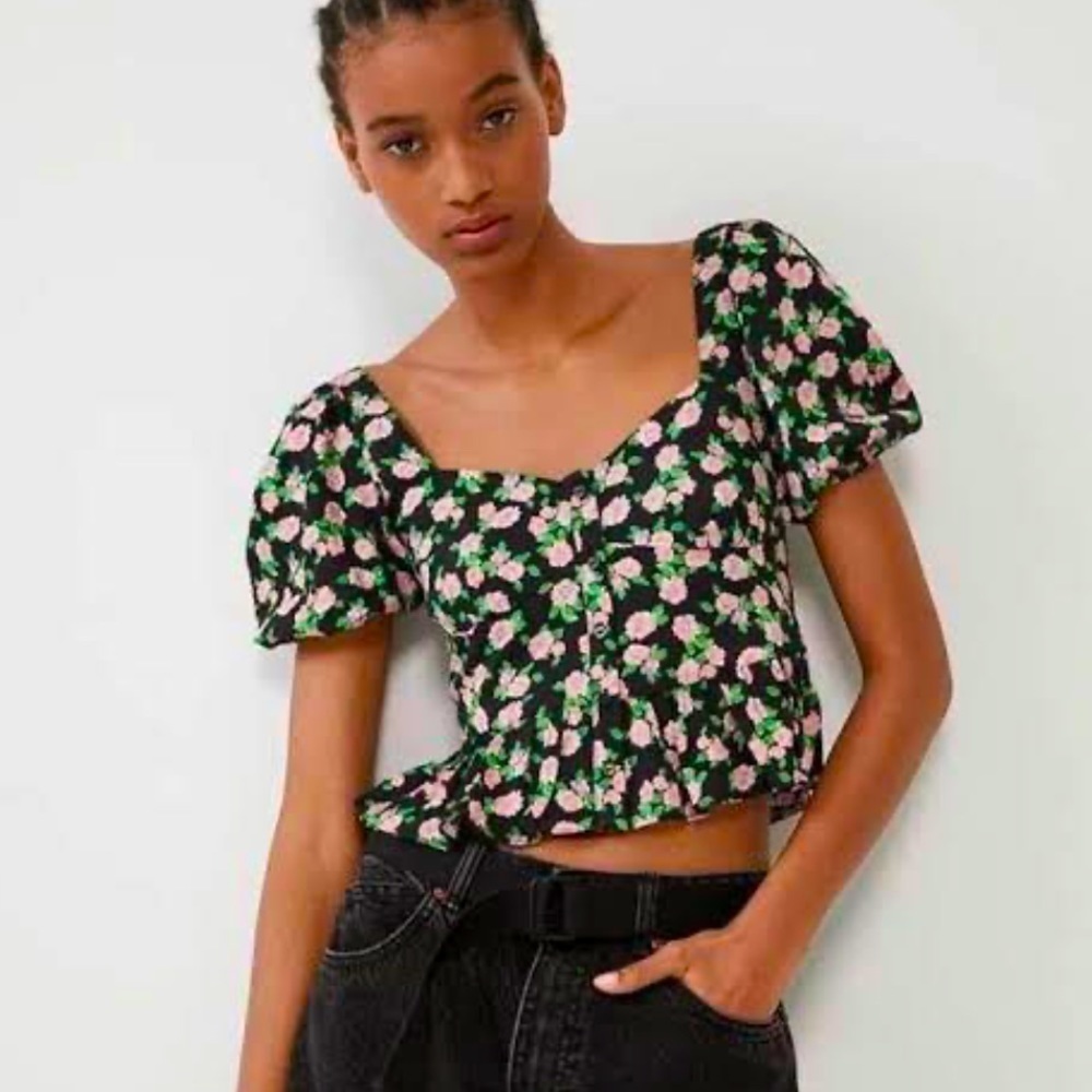 NWT Zara Floral Print Puff Sleeve Crop Top
